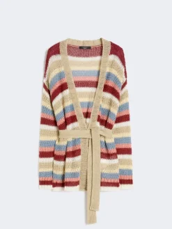 Linen yarn cardigan with belt - CHERRY