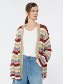 Linen yarn cardigan with belt - CHERRY