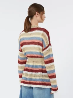 Linen yarn cardigan with belt - CHERRY