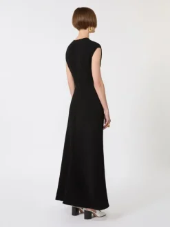 Long dress with V-neck in canneté - BLACK