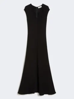 Long dress with V-neck in canneté - BLACK