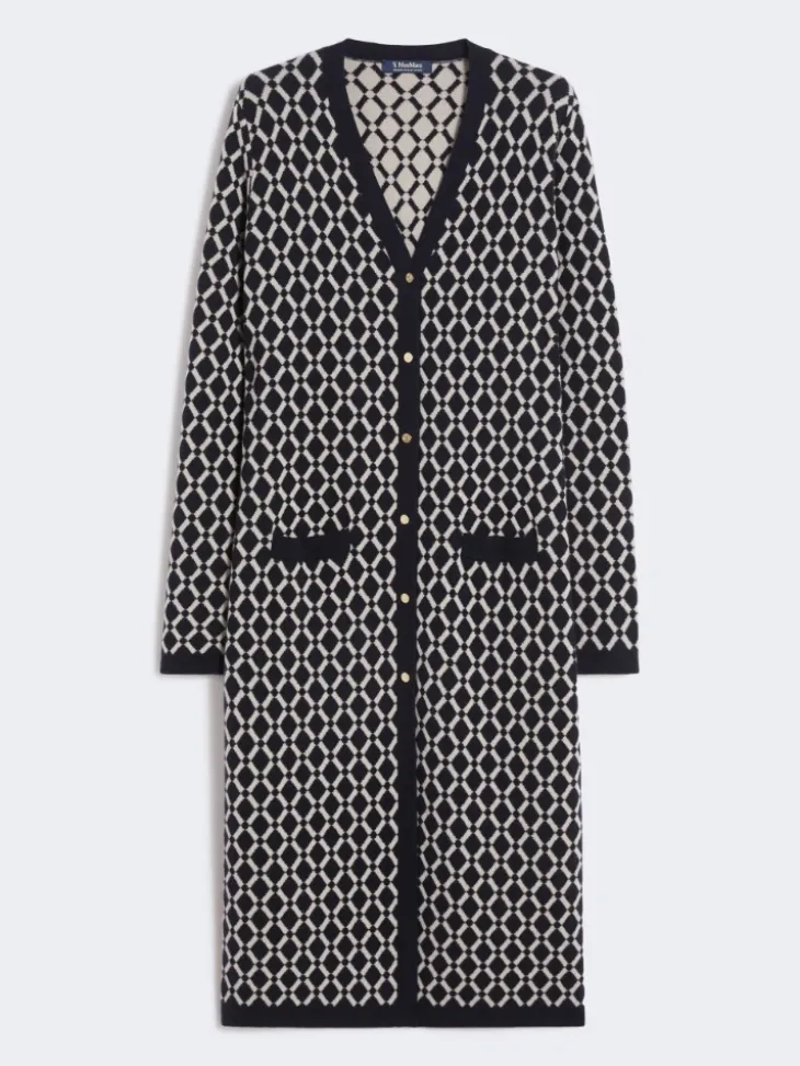 Long jacquard wool cardigan - ULTRAMARINE