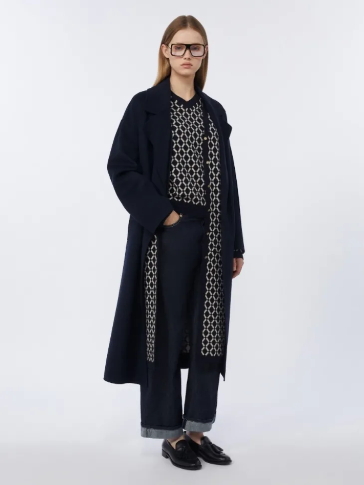 Long jacquard wool cardigan - ULTRAMARINE