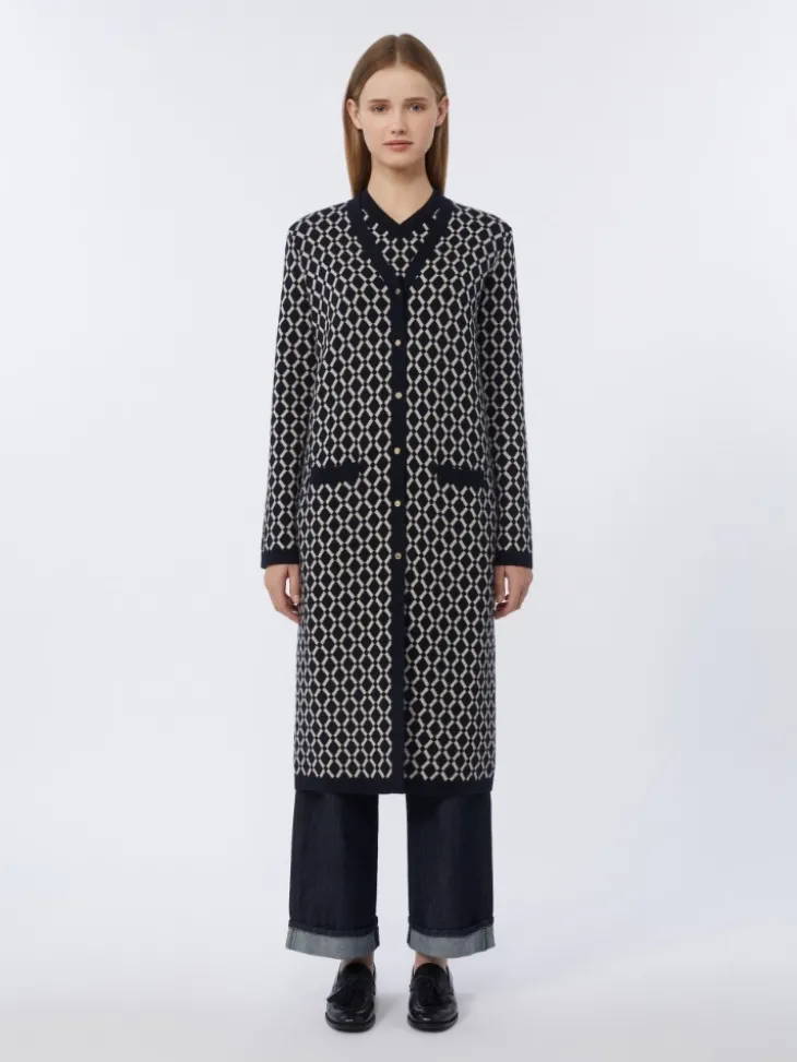 Long jacquard wool cardigan - ULTRAMARINE