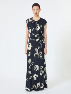 Long printed crepe de chine dress - ULTRAMARINE