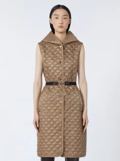Long water-repellent canvas padded gilet - HAZELNUT BROWN