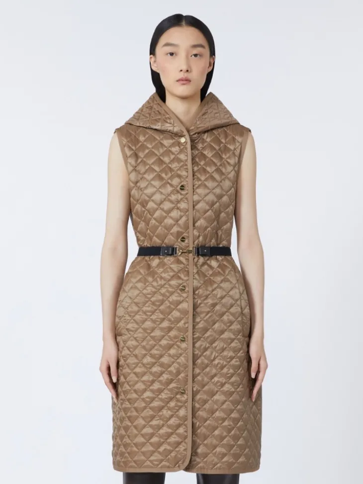 Long water-repellent canvas padded gilet - HAZELNUT BROWN