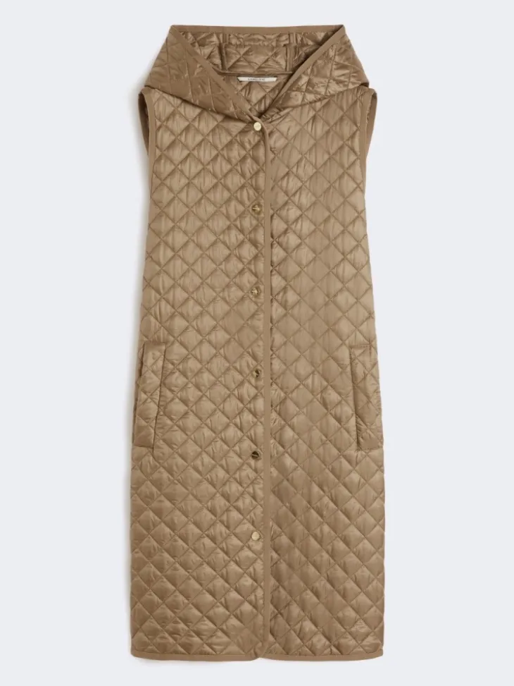 Long water-repellent canvas padded gilet - HAZELNUT BROWN