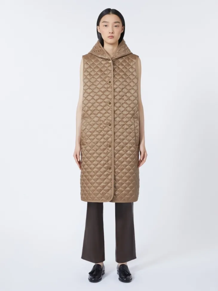 Long water-repellent canvas padded gilet - HAZELNUT BROWN