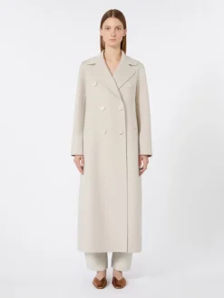 Long wool coat with half-belt detail - SAND