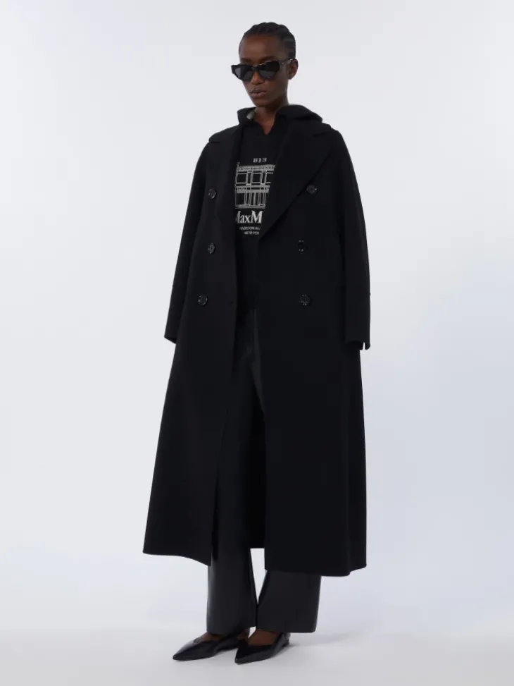 Long wool coat with half-belt detail - BLACK