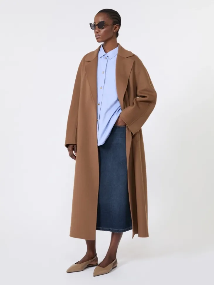 Long wool drap wrap coat - HAZELNUT BROWN