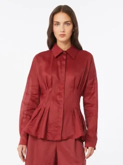 Long-sleeved ramie canvas shirt - BRICK RED