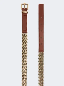 Metallic chain and leather belt - GOLD