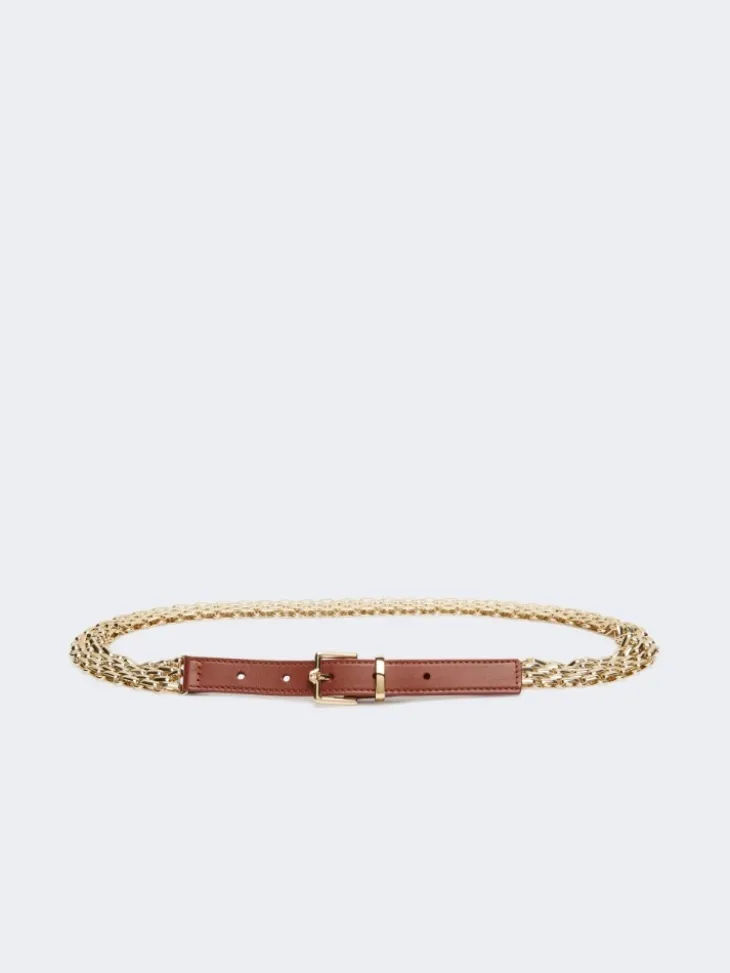 Metallic chain and leather belt - GOLD