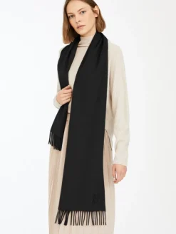Monogram-embroidered camel stole - BLACK