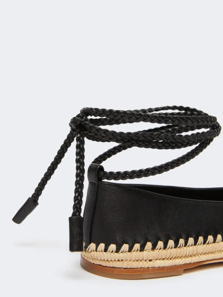 Nappa and raffia ballerinas - BLACK