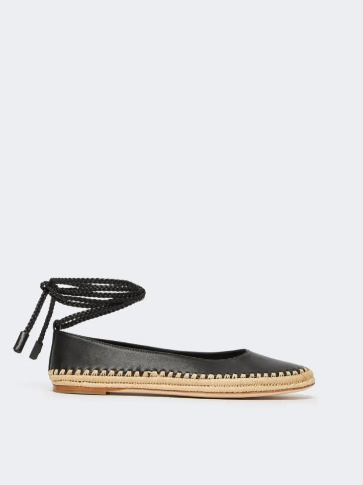 Nappa and raffia ballerinas - BLACK