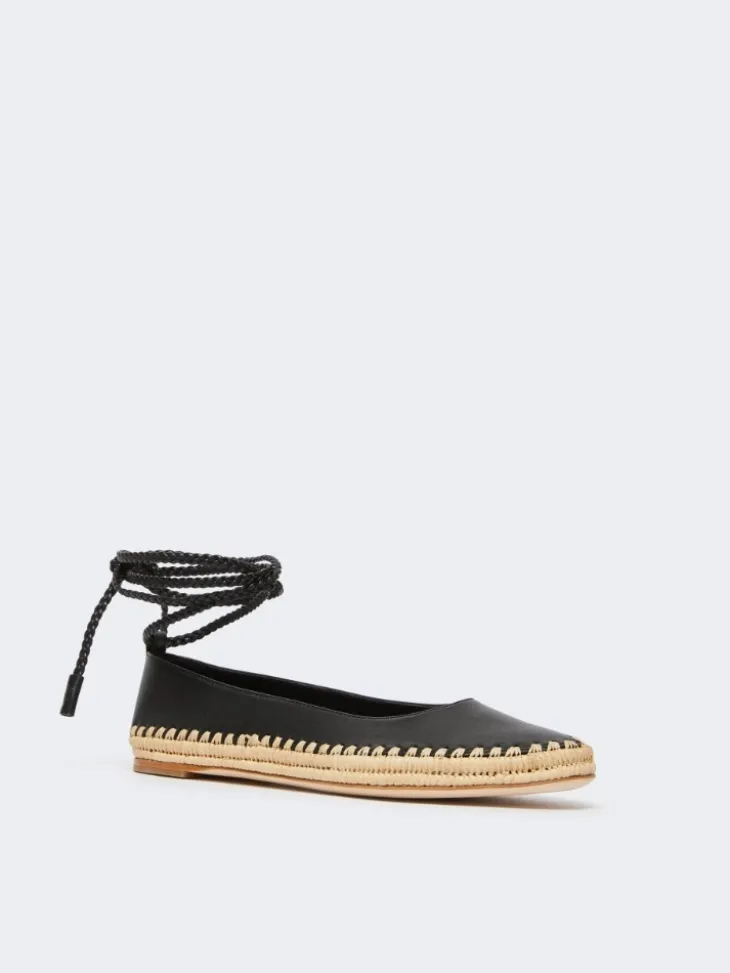 Nappa and raffia ballerinas - BLACK