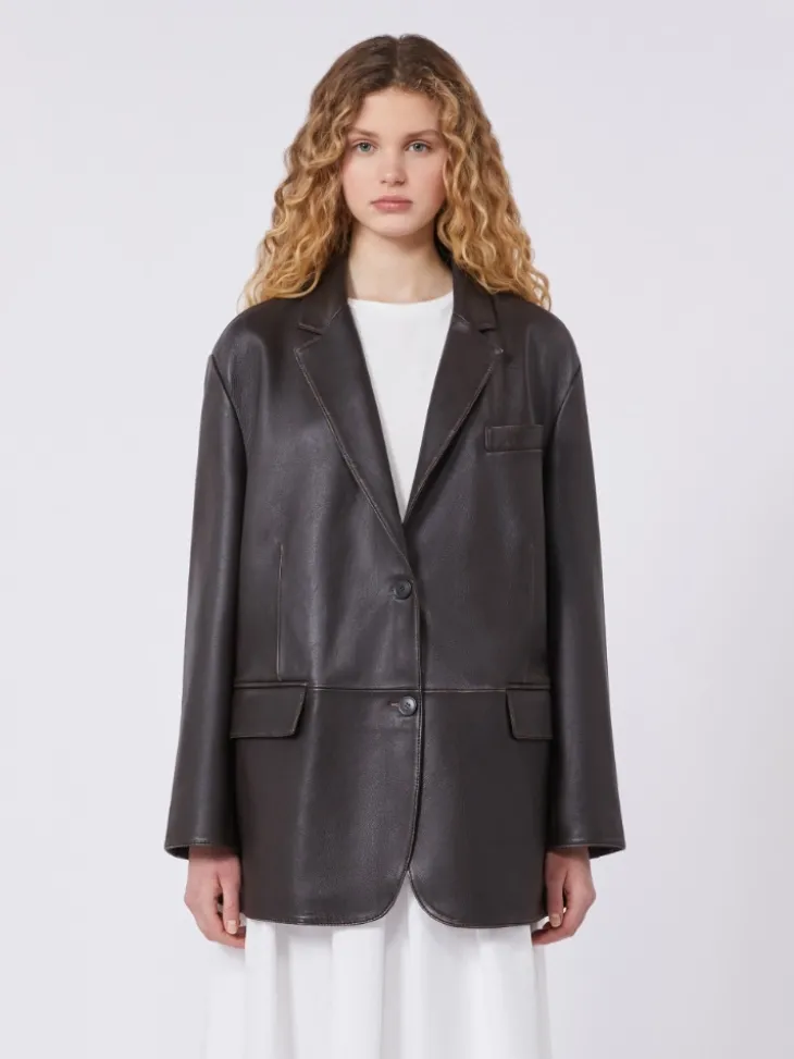 Oversized leather blazer - BROWN