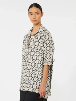 Oversized printed poplin shirt - BEIGE