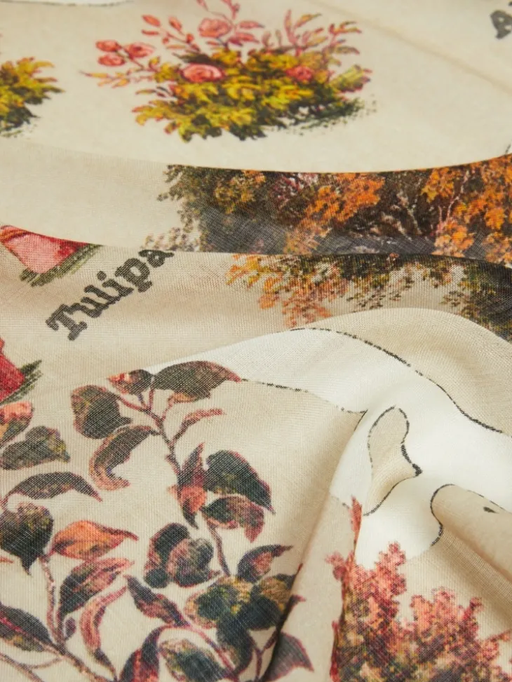 Oversized scarf in printed silk and wool - ANTIQUE ROSE