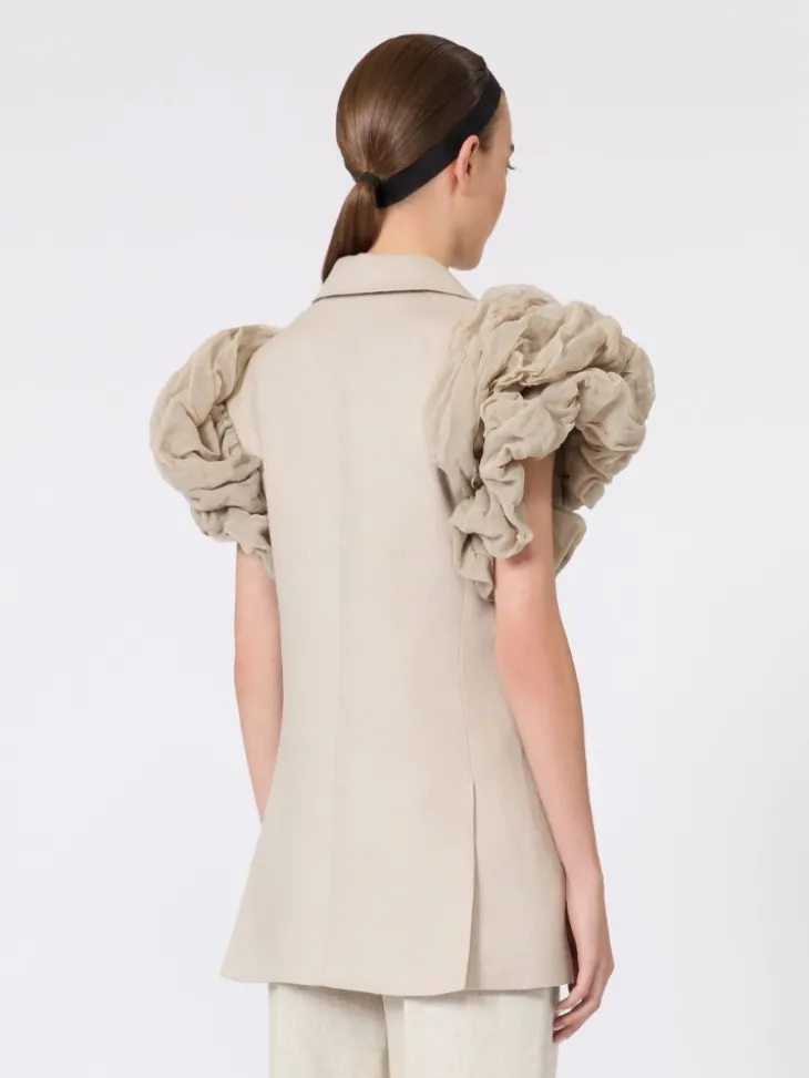 Oversized sleeveless linen jacket with ruffles - SAND