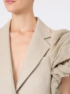 Oversized sleeveless linen jacket with ruffles - SAND