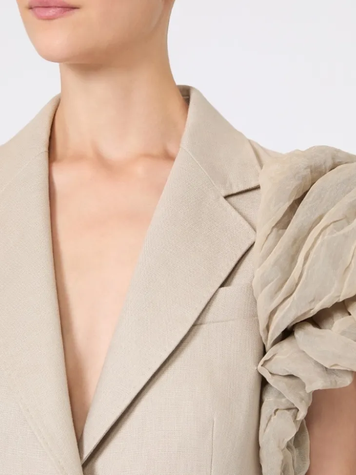 Oversized sleeveless linen jacket with ruffles - SAND