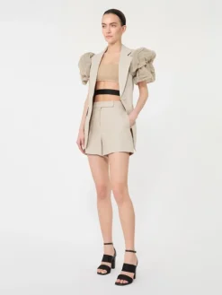 Oversized sleeveless linen jacket with ruffles - SAND