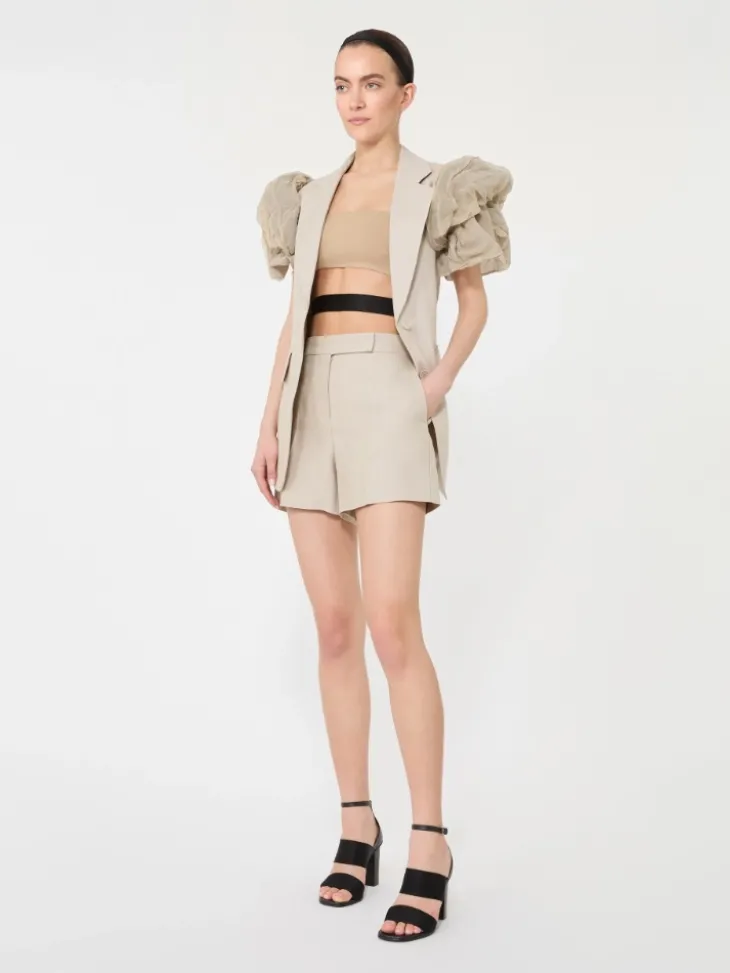 Oversized sleeveless linen jacket with ruffles - SAND