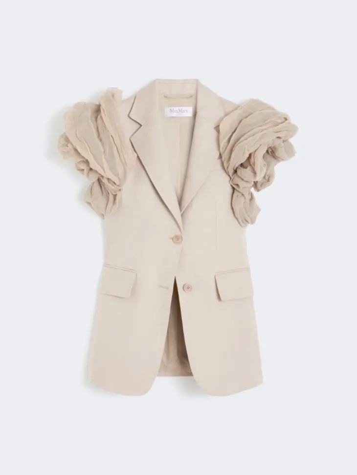 Oversized sleeveless linen jacket with ruffles - SAND