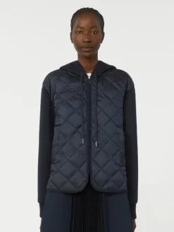 Padded, hooded jacket in water-repellent canvas and jersey - NAVY