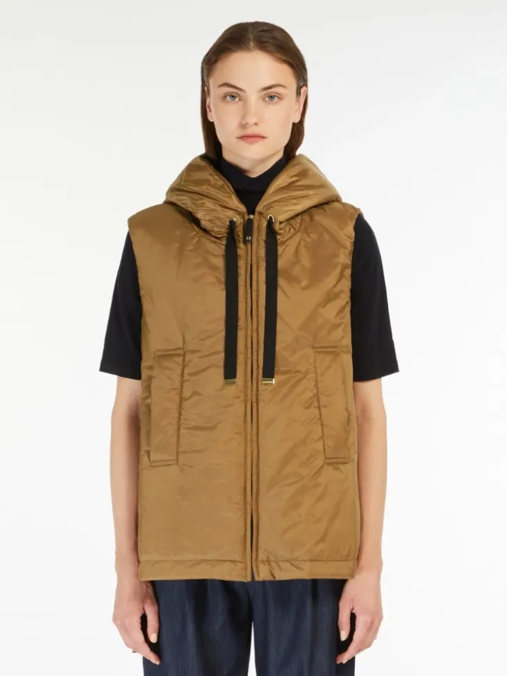 Padded water-repellent hooded gilet - CARAMEL