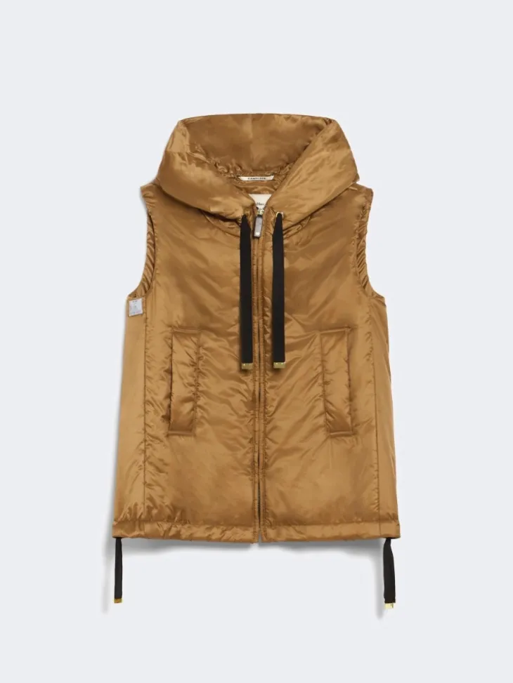 Padded water-repellent hooded gilet - CARAMEL