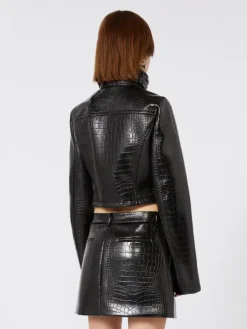 Patent leather cropped jacket with alligator print - BLACK