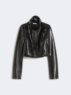 Patent leather cropped jacket with alligator print - BLACK