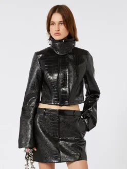 Patent leather cropped jacket with alligator print - BLACK