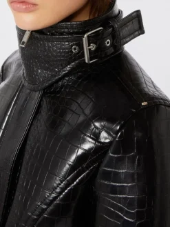 Patent leather cropped jacket with alligator print - BLACK