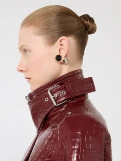 Patent leather cropped jacket with alligator print - DARK RED