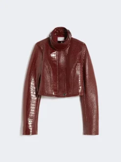 Patent leather cropped jacket with alligator print - DARK RED