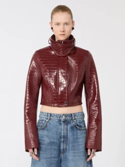 Patent leather cropped jacket with alligator print - DARK RED