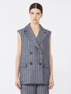 Pinstriped linen Batavia gilet with a denim effect - ULTRAMARINE