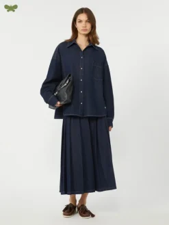 Pleated denim skirt - NAVY