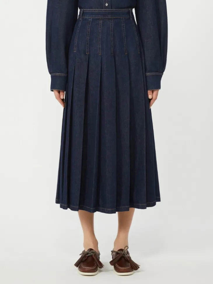 Pleated denim skirt - NAVY