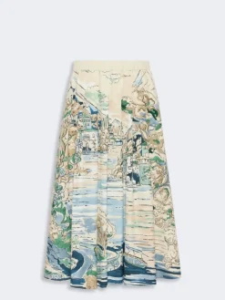 Pleated printed poplin skirt - LIGHT BLUE