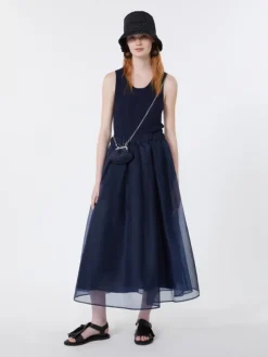 Pleated silk organza skirt - NAVY