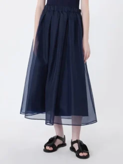 Pleated silk organza skirt - NAVY