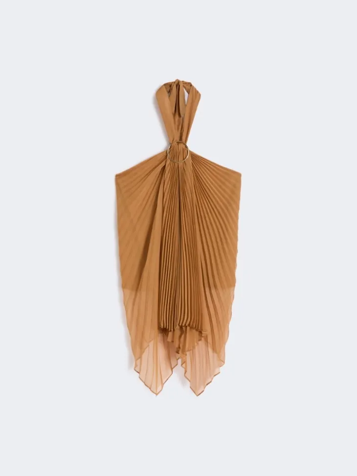 Plissé-pleated chiffon top - CARAMEL