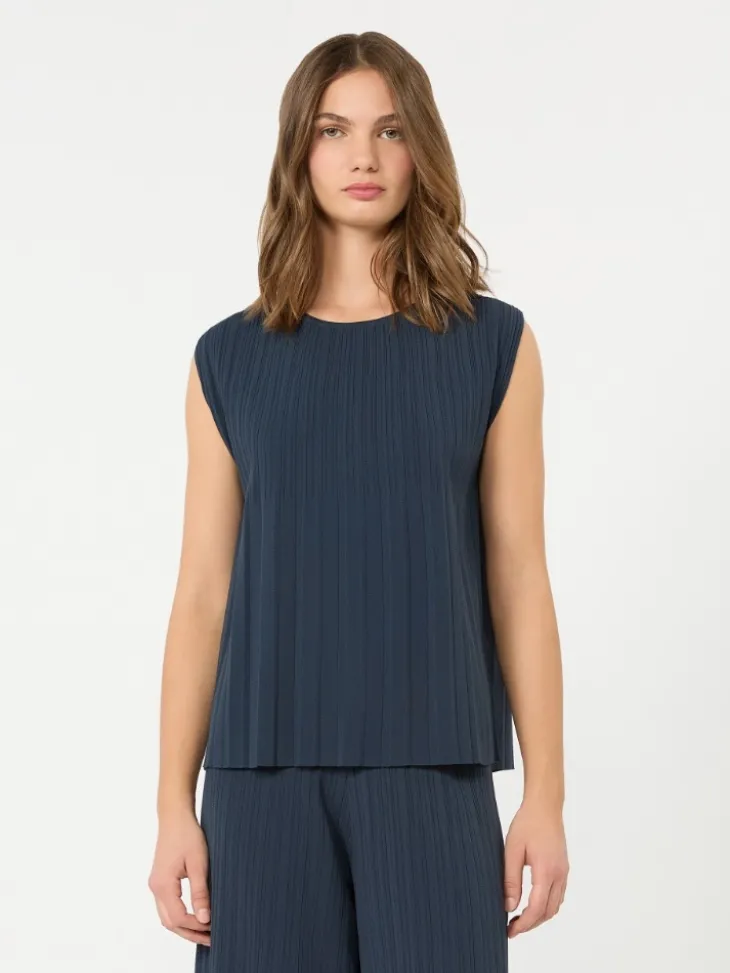 Plissé-pleated viscose yarn sweater - NAVY